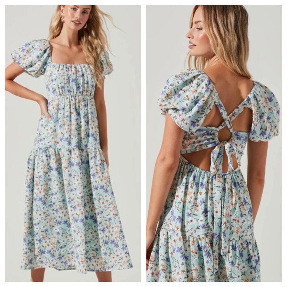 ASTR THE LABEL | Women’s Puff Sleeve Floral Cotton Midi Dress Bubble Blue Spring